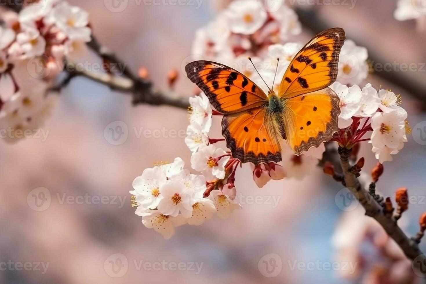 Beautiful butterfly on sakura branch.Generative Ai. photo