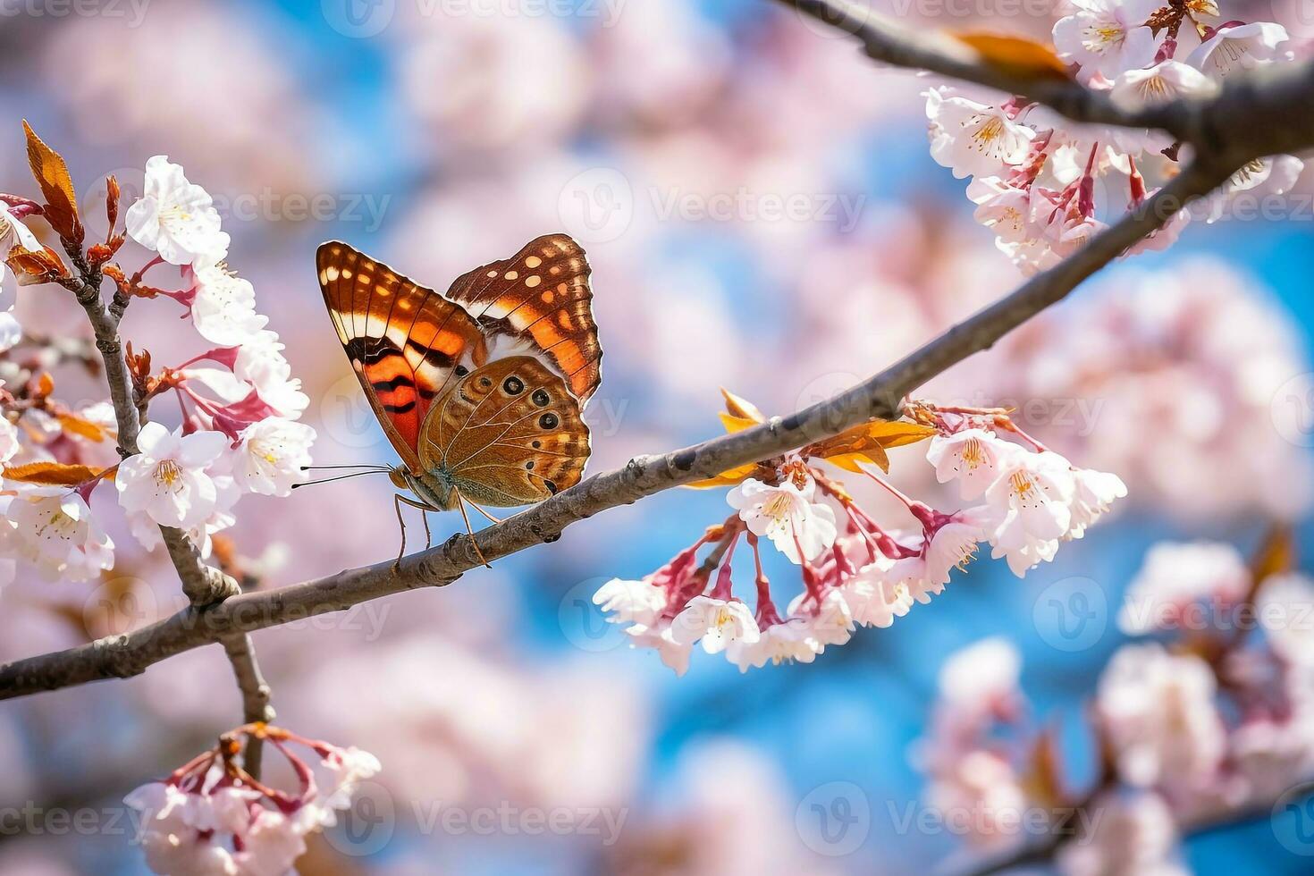 Beautiful butterfly on sakura branch.Generative Ai. photo