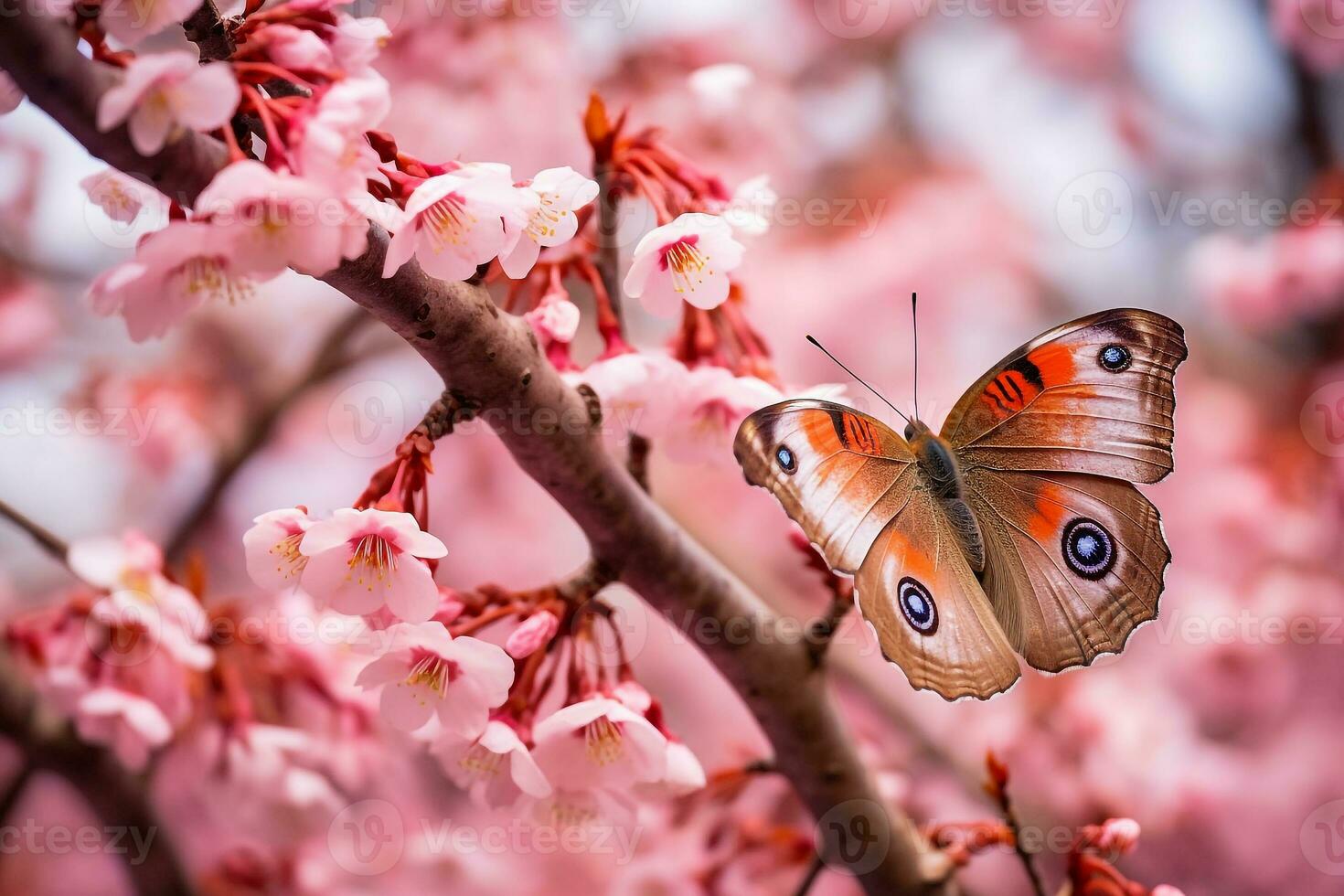 Beautiful butterfly on sakura branch.Generative Ai. photo