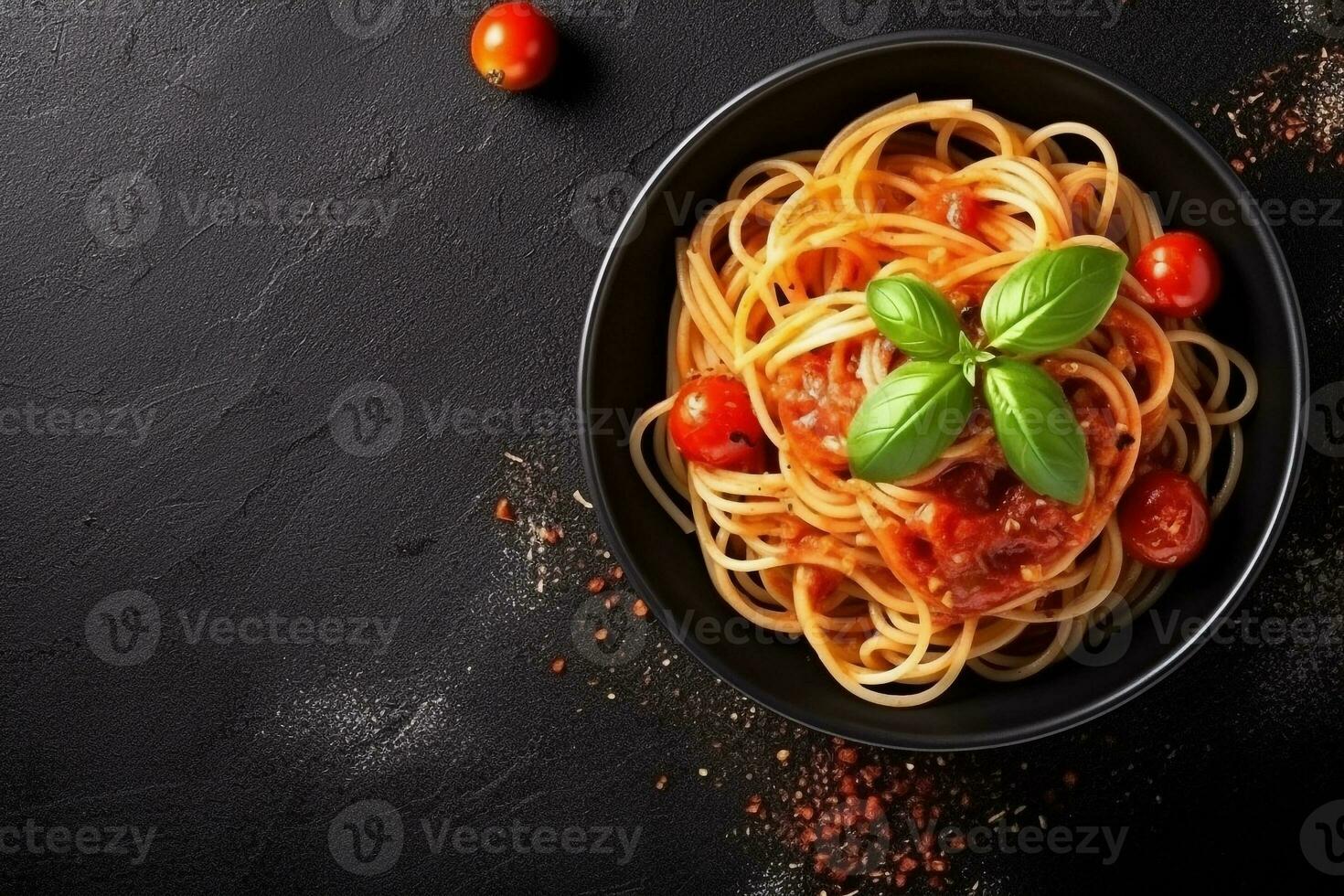 Spaghetti pasta with tomato sauce on stone background.Generative Ai