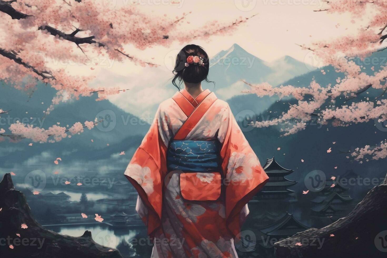 Woman wearing a kimono with cherry blossoms and fuji mountain.Generative Ai. photo
