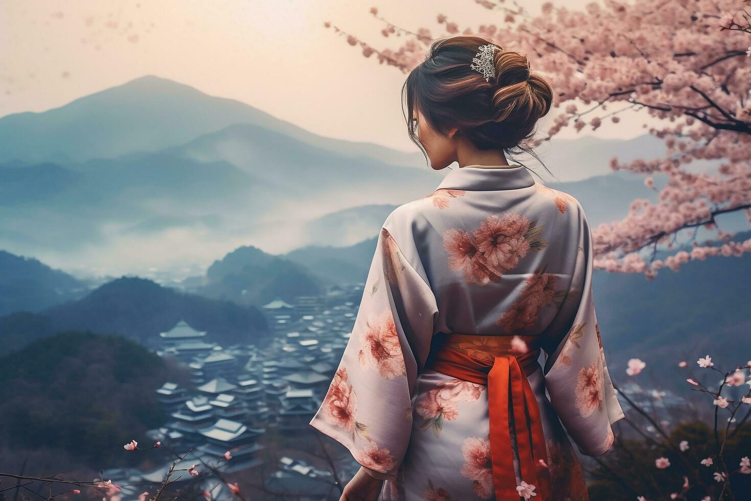 mujer vistiendo un kimono con Cereza flores y fuji montaña.generativa ai. foto