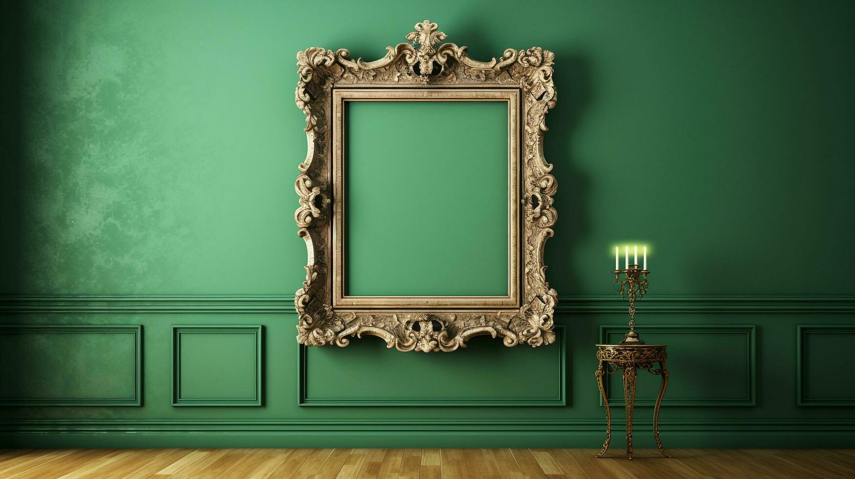 Wooden frame on the wall of the room green background.Generative Ai. photo