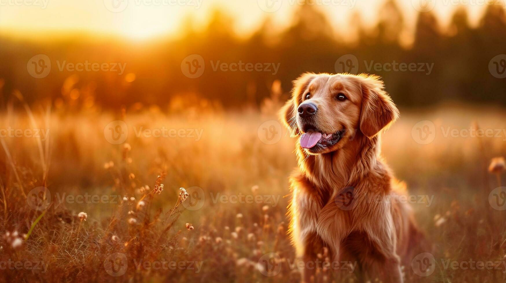 Golden retriever sitting on meadow with sunset.Generative Ai. photo