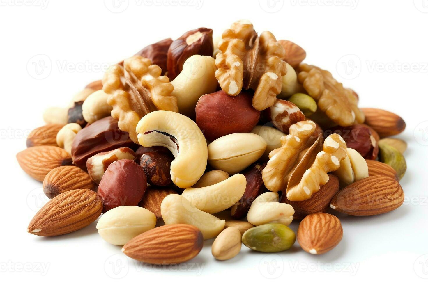 Mixed nuts on white background.Generative Ai. photo