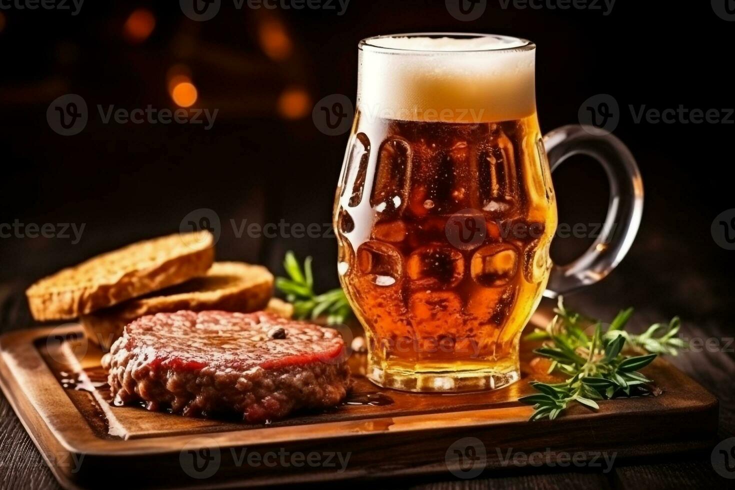 Beer poured into glass with beef hamburgers.Generative Ai. photo