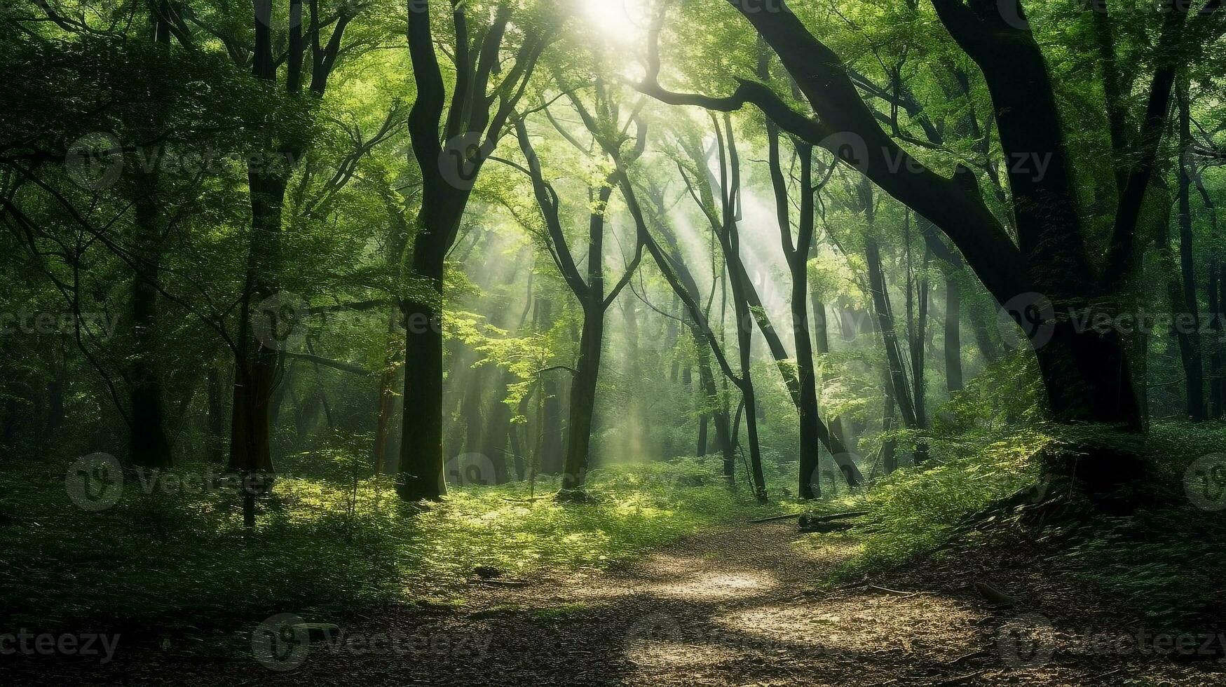 Beautiful green forest with good light.Generative Ai. photo