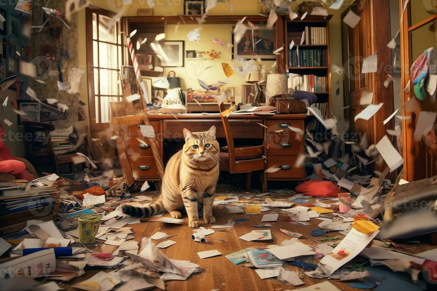 Cat making chaos in the room.Generative Ai. photo