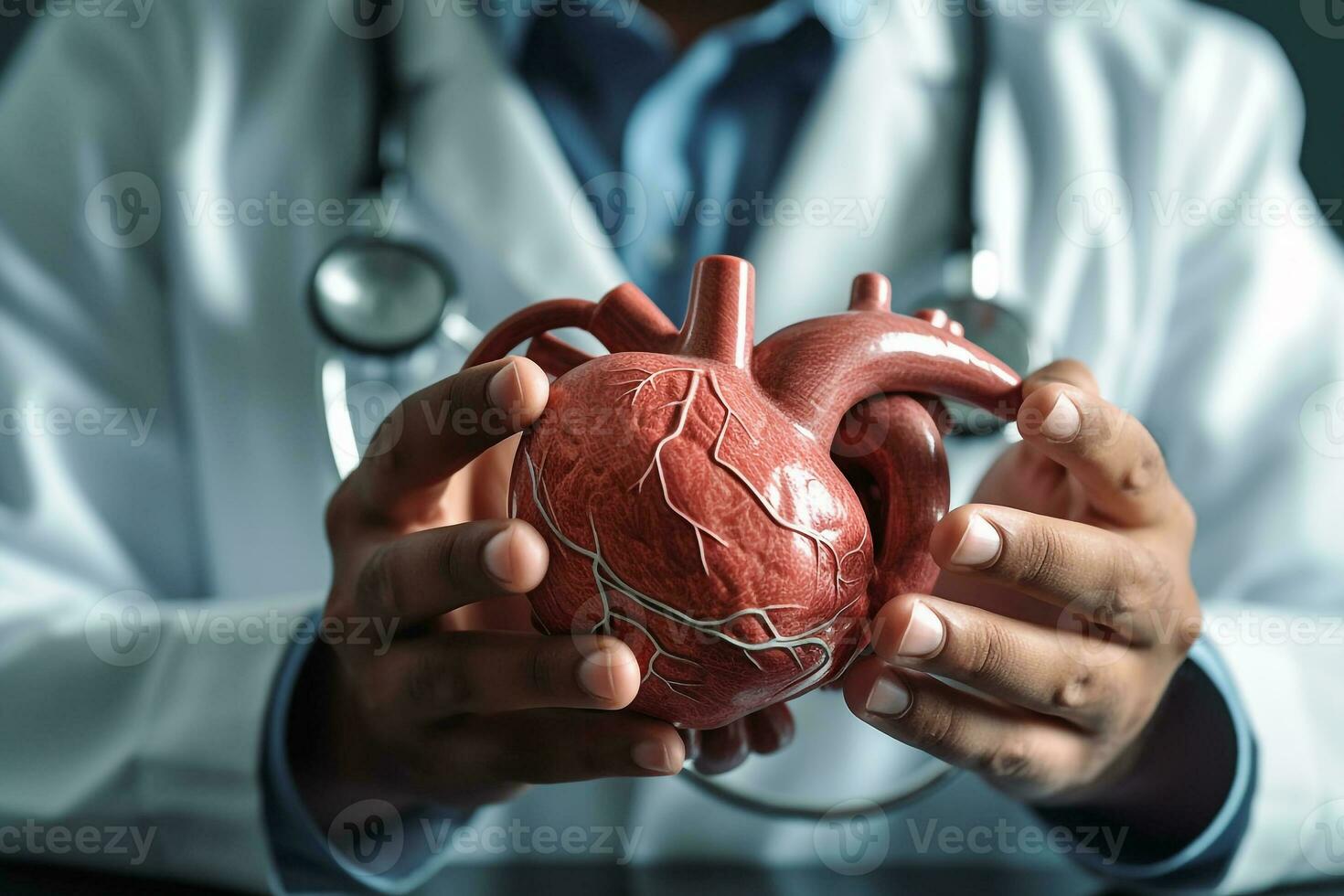 Doctor using stethoscope to exam heart.Generative Ai. photo