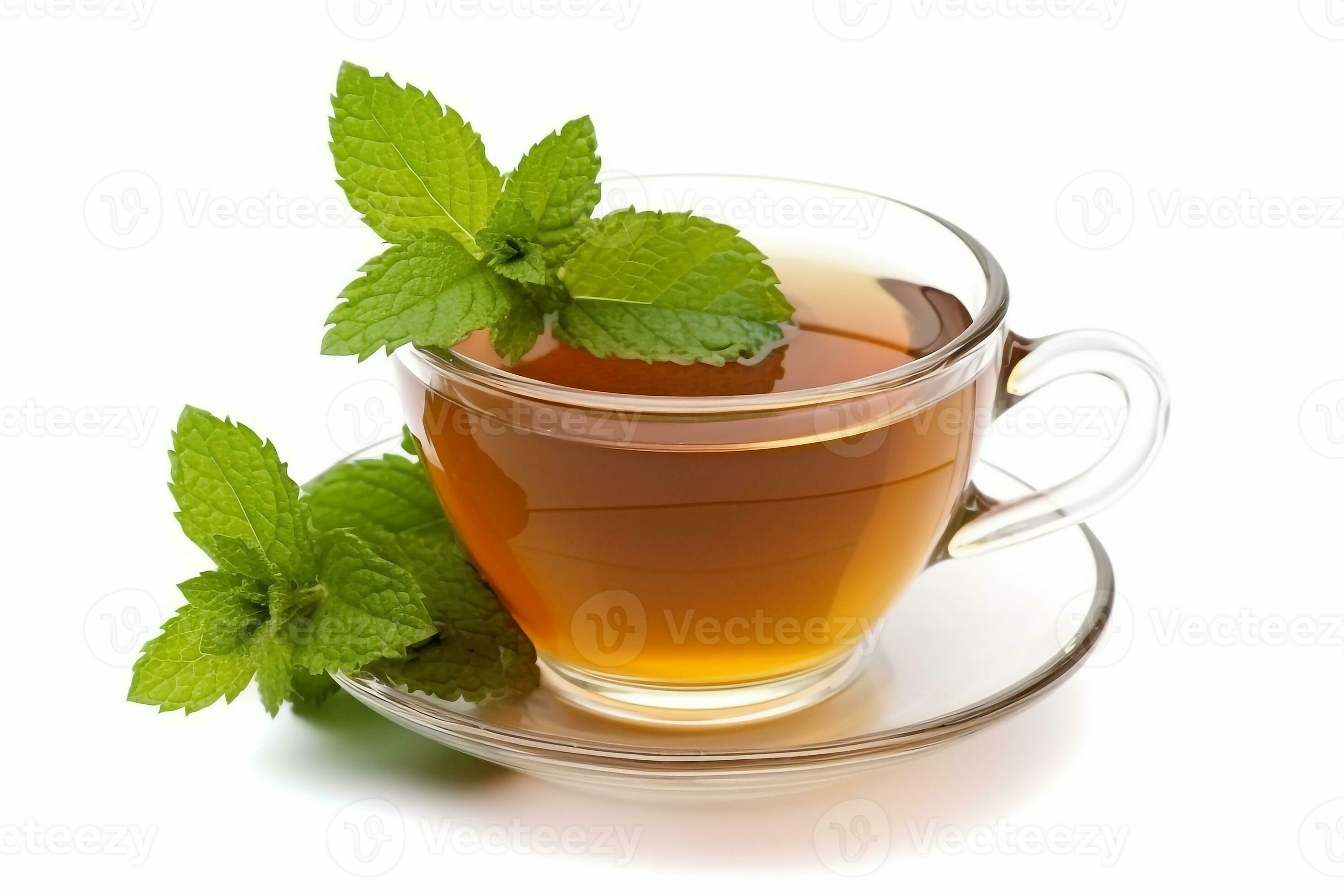 Tea in cup with leaf mint isolated on white background