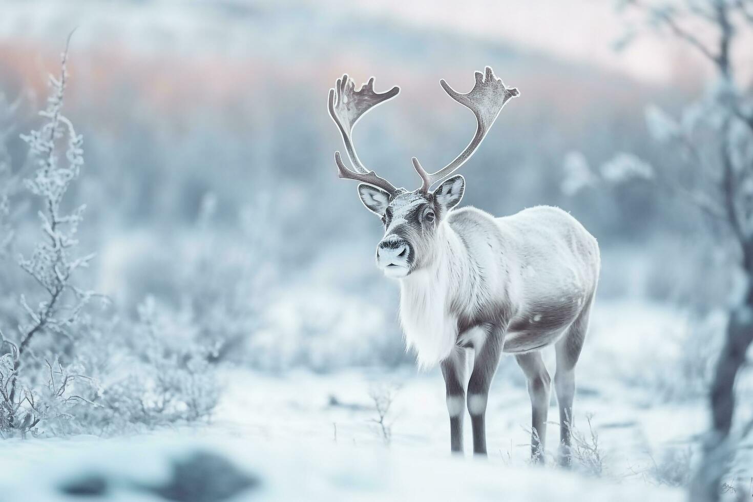 Reindeer standing in the snow winter background.Generative Ai. photo