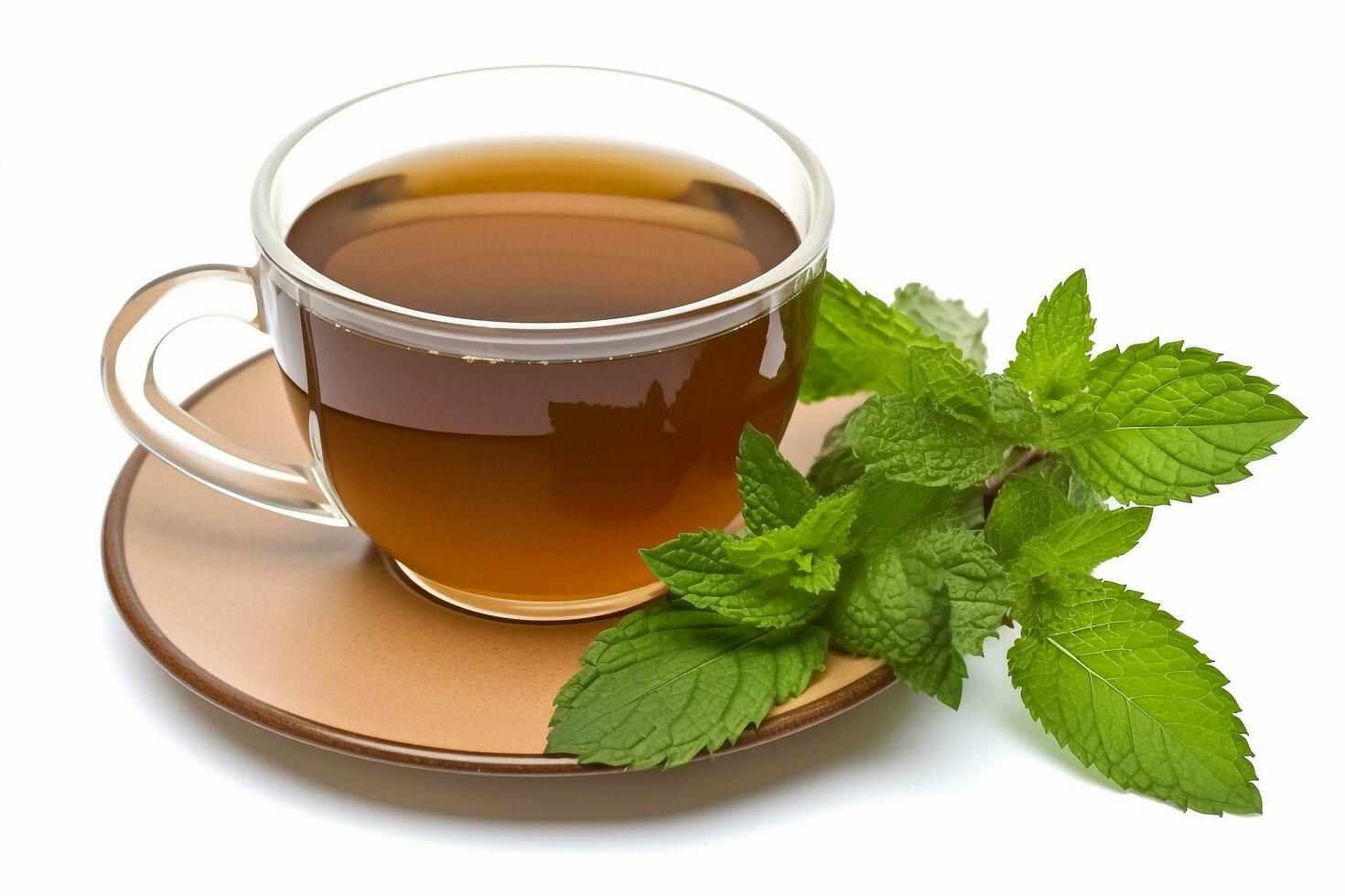 Tea in cup with leaf mint isolated on white background.Generative Ai. photo