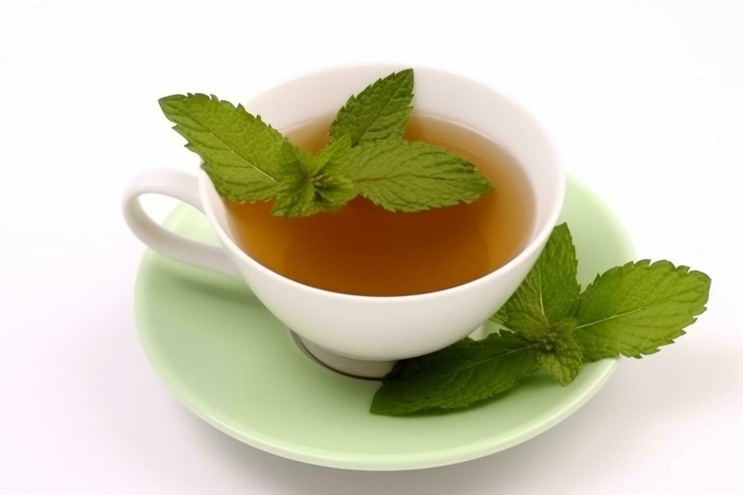 Tea in cup with leaf mint isolated on white background.Generative Ai. photo
