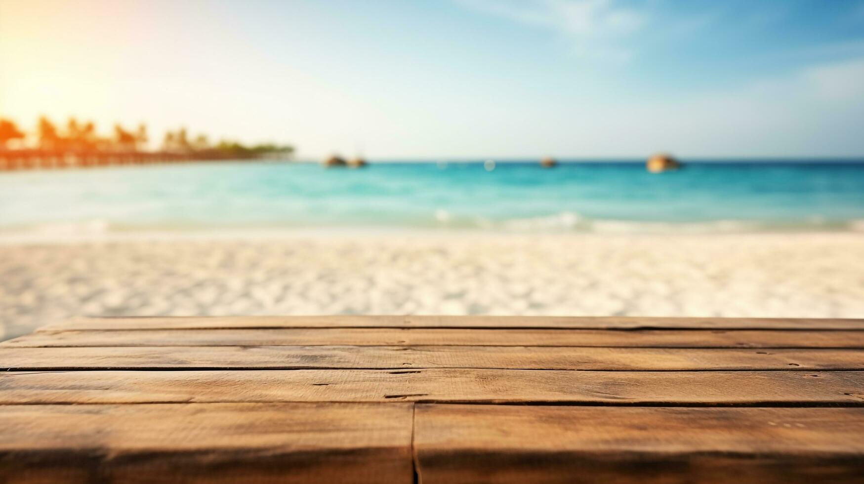 wooden table on the sea background.Generative Ai. photo