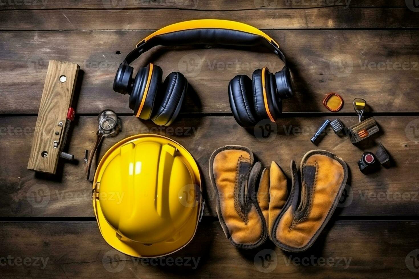 Construction site protective equipment on wooden background.Generative Ai. photo