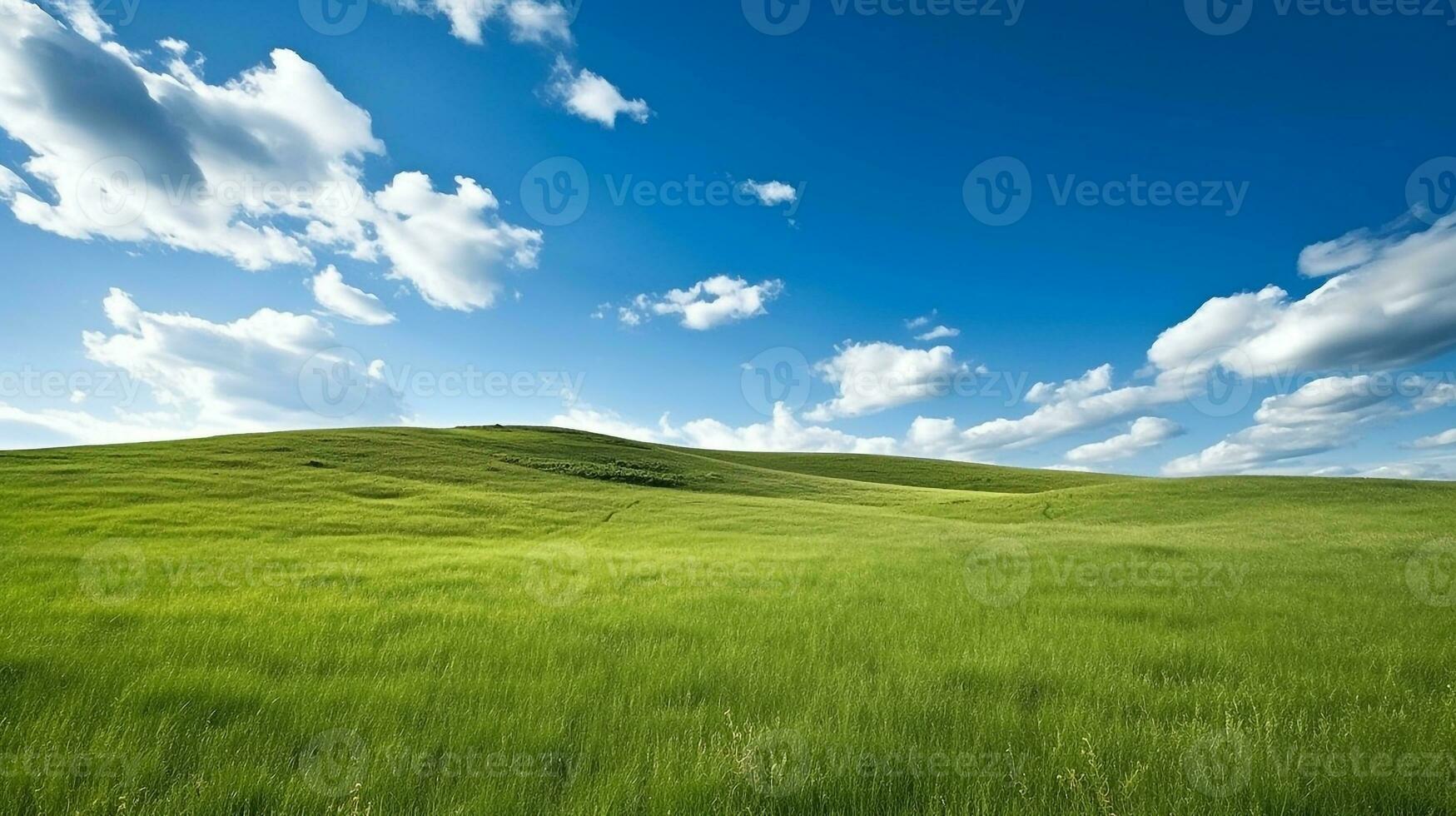 Grassy hills with blue sky.Generative Ai. photo