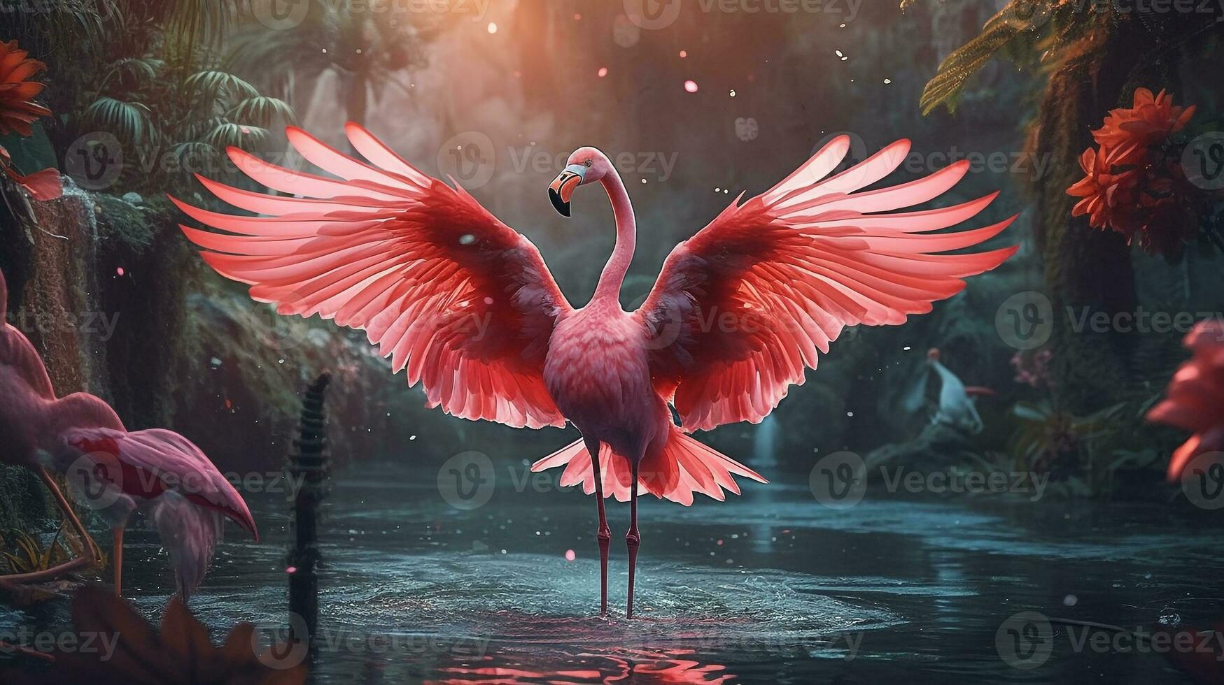 Pink flamingo beautiful in the  fantasy forest.Generative Ai. photo