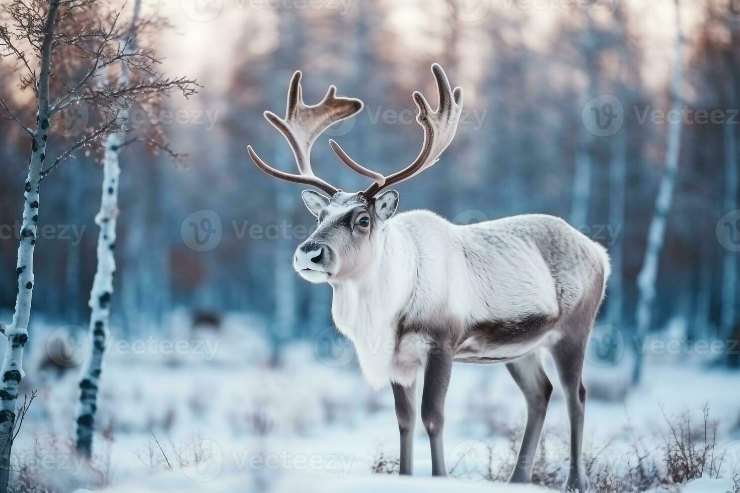 Reindeer standing in the snow winter background.Generative Ai. photo