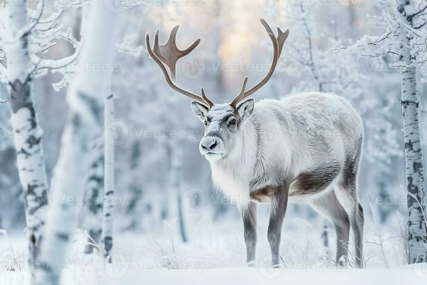 Reindeer standing in the snow winter background.Generative Ai. photo
