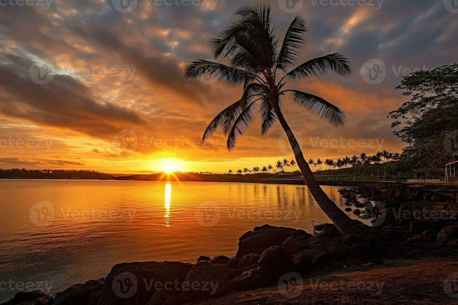 amanecer Hawai con Coco arbol.generativo ai. foto