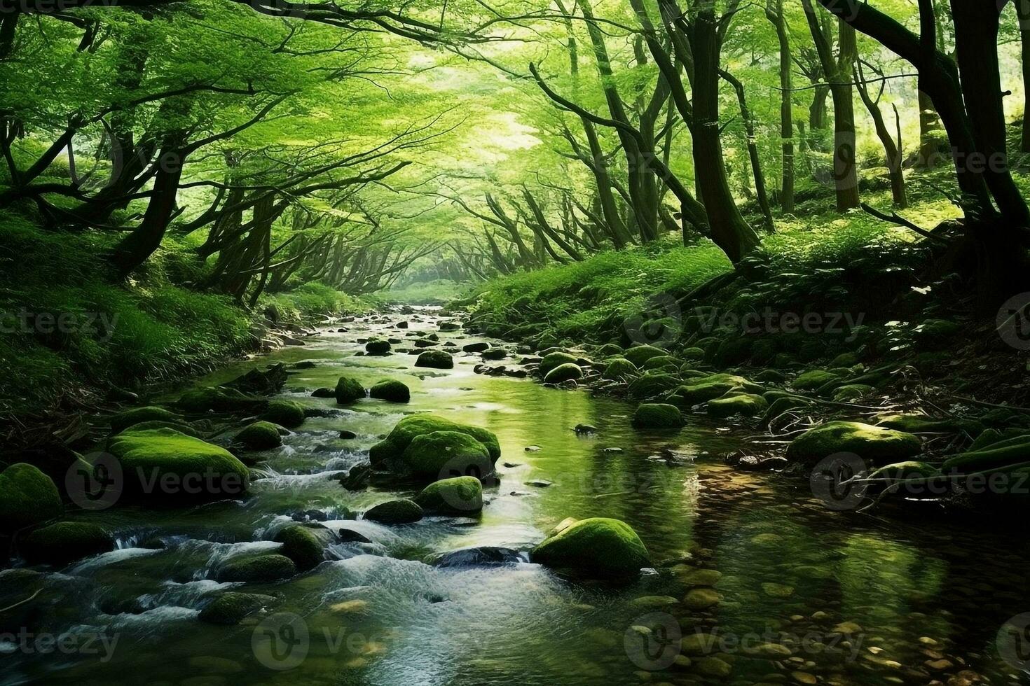 Green forest with sunny day.Generative Ai. photo