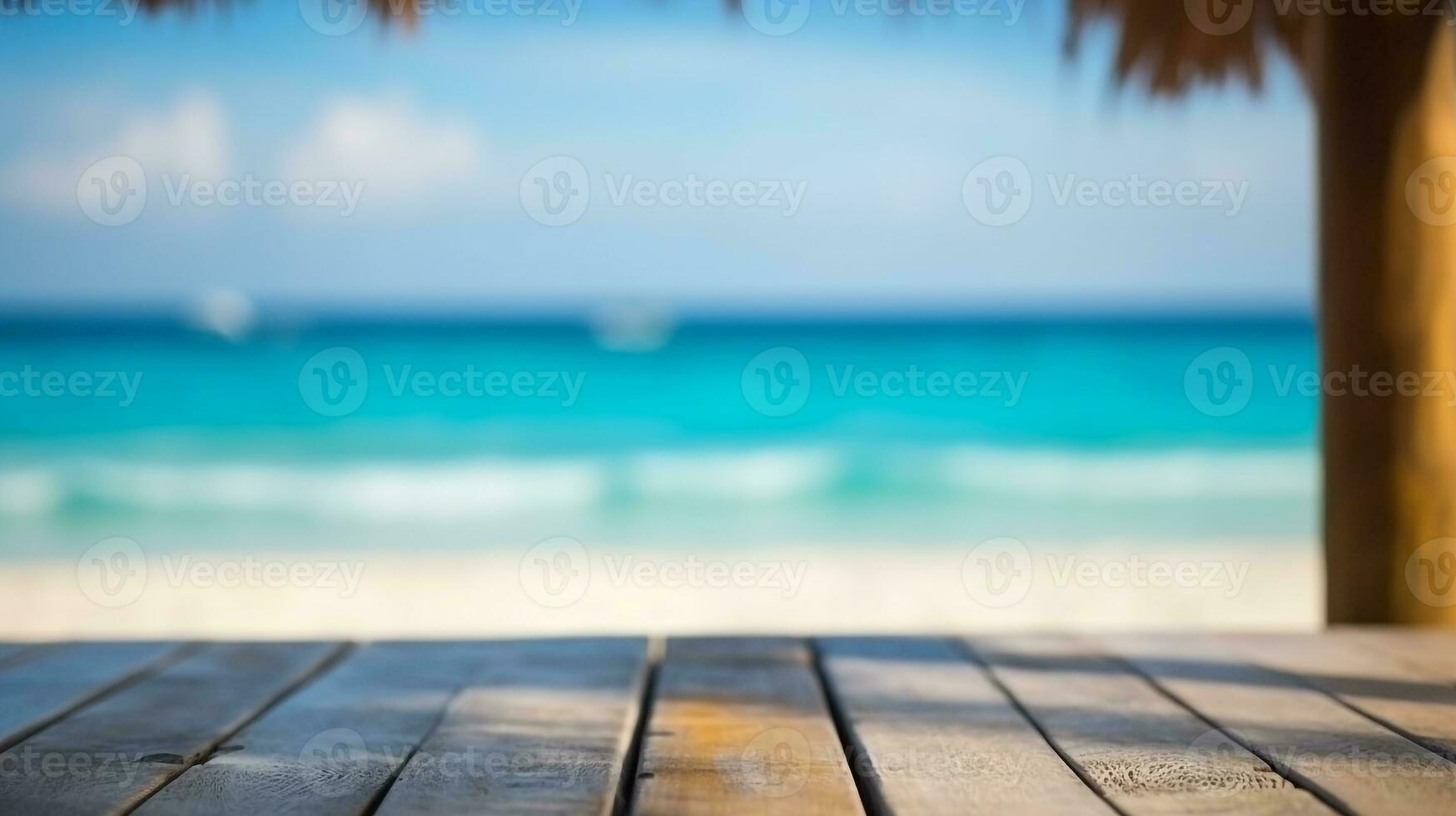 wooden table on the sea background.Generative Ai. photo
