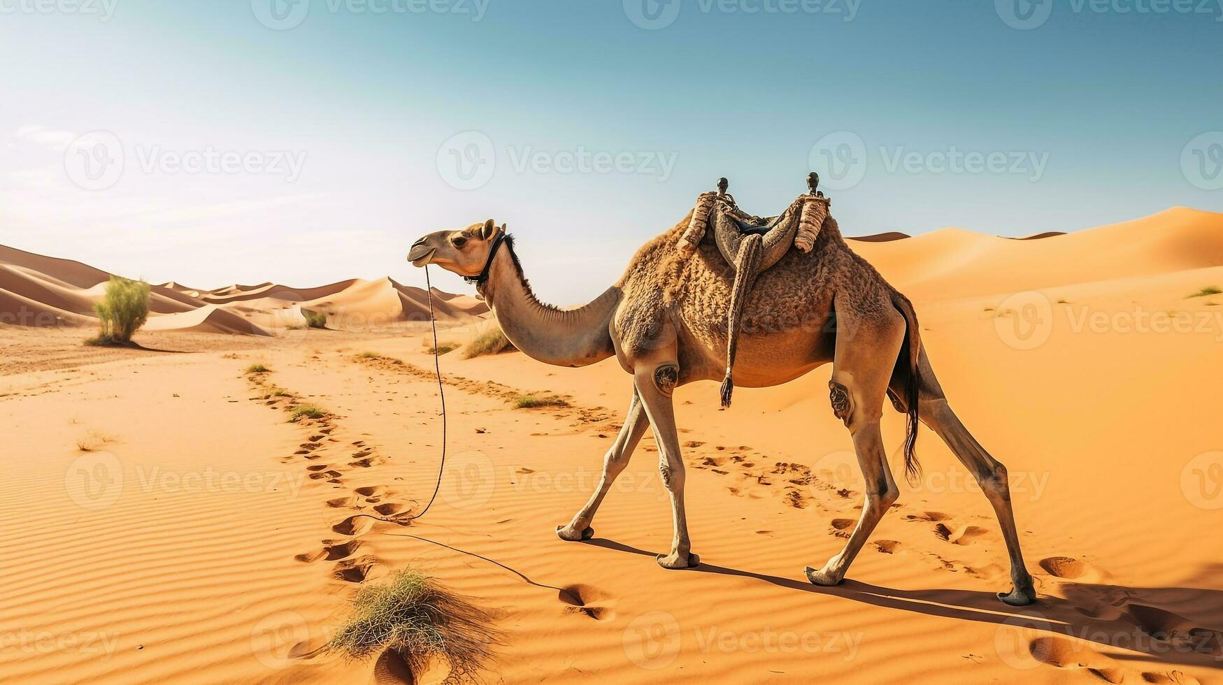Camel in the desert with blue sky.Generative Ai. photo