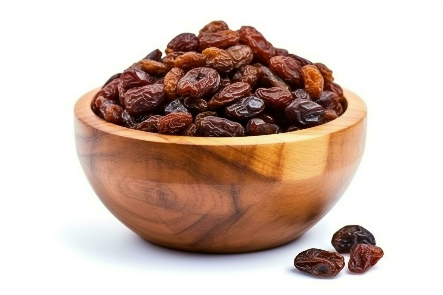 Raisins in wooden bowl isolated on white background.Generative Ai. photo