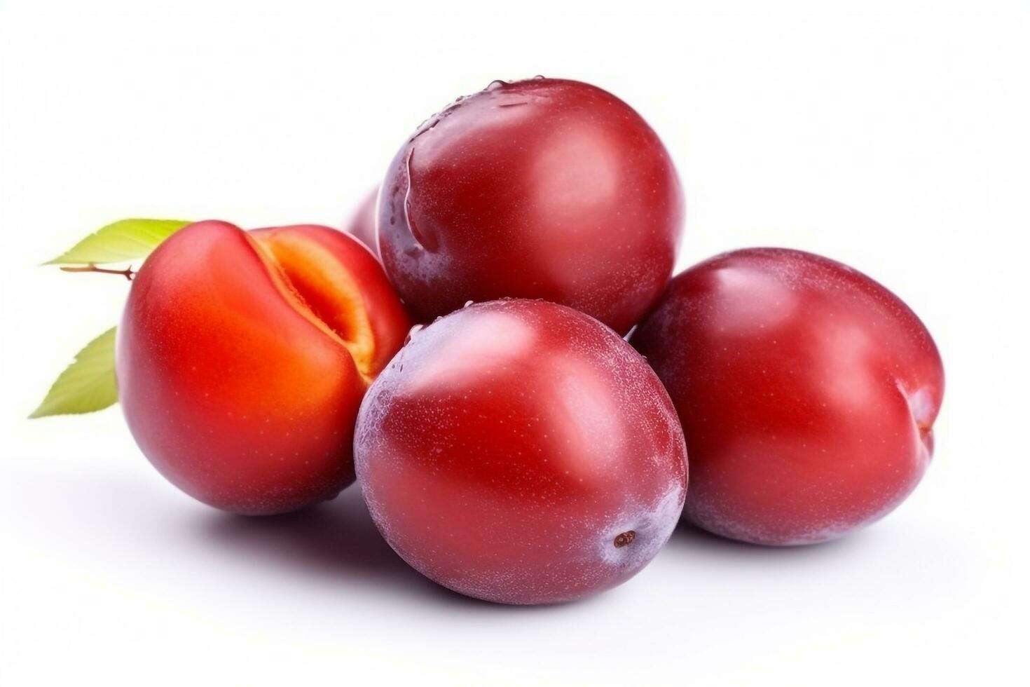 Red Plum fruits isolated on white background.Generative Ai. photo