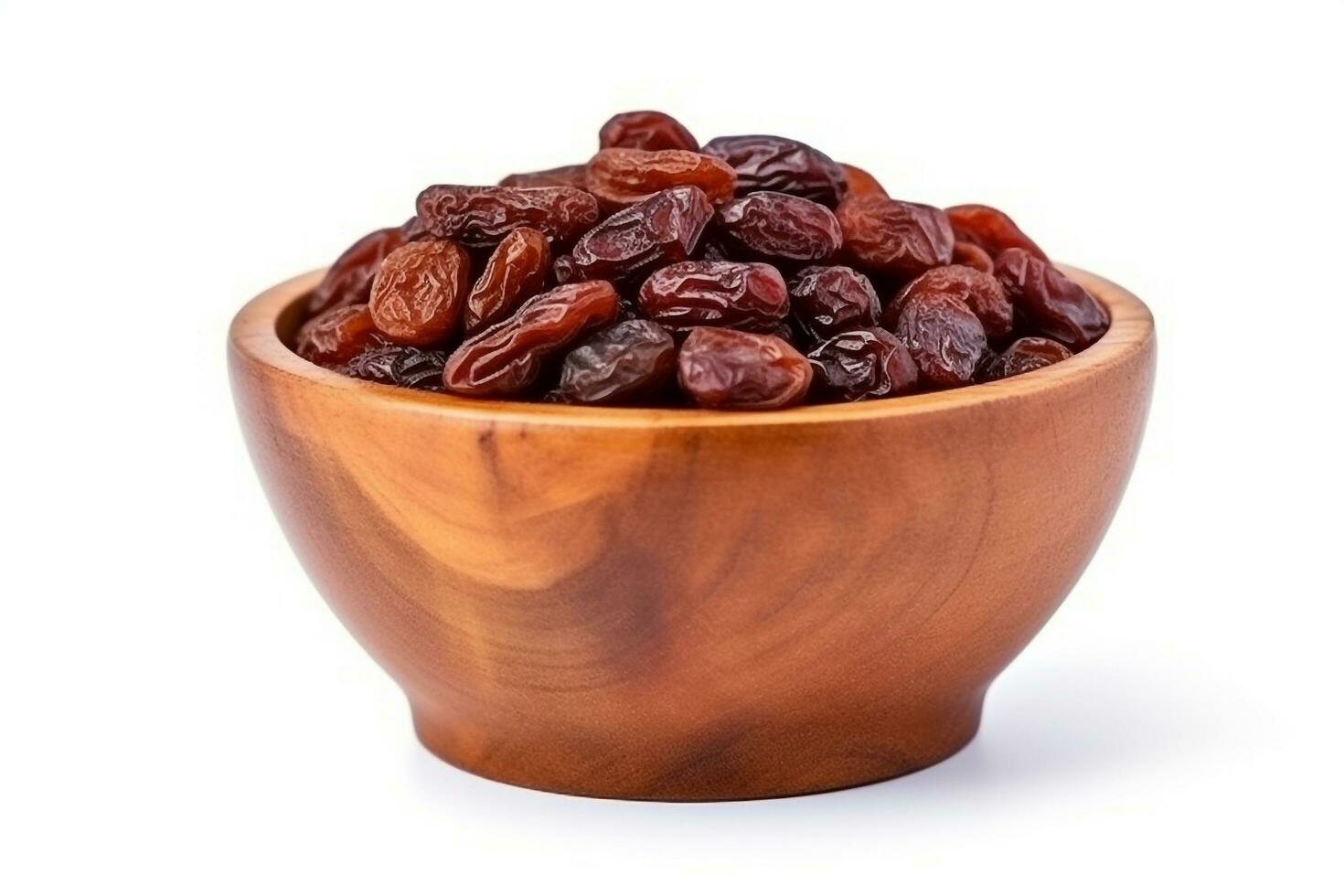 Raisins in wooden bowl isolated on white background.Generative Ai. photo