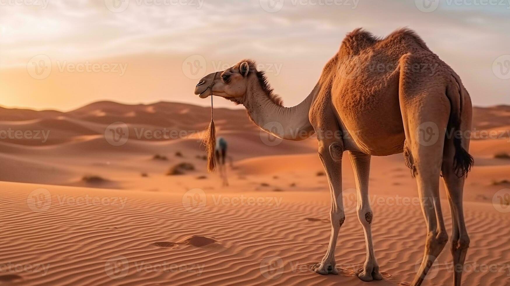 Camel in the desert with blue sky.Generative Ai. photo
