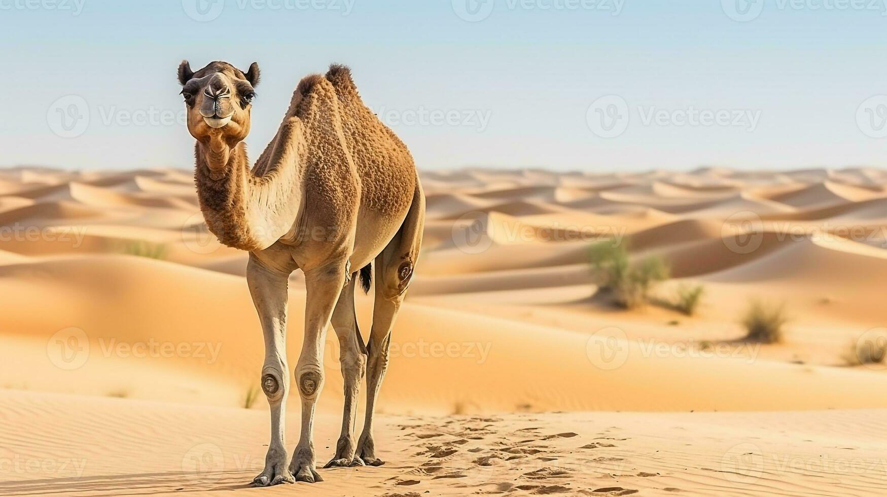 Camel in the desert with blue sky.Generative Ai. photo