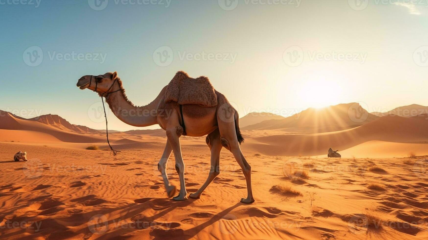 Camel in the desert with blue sky.Generative Ai. photo