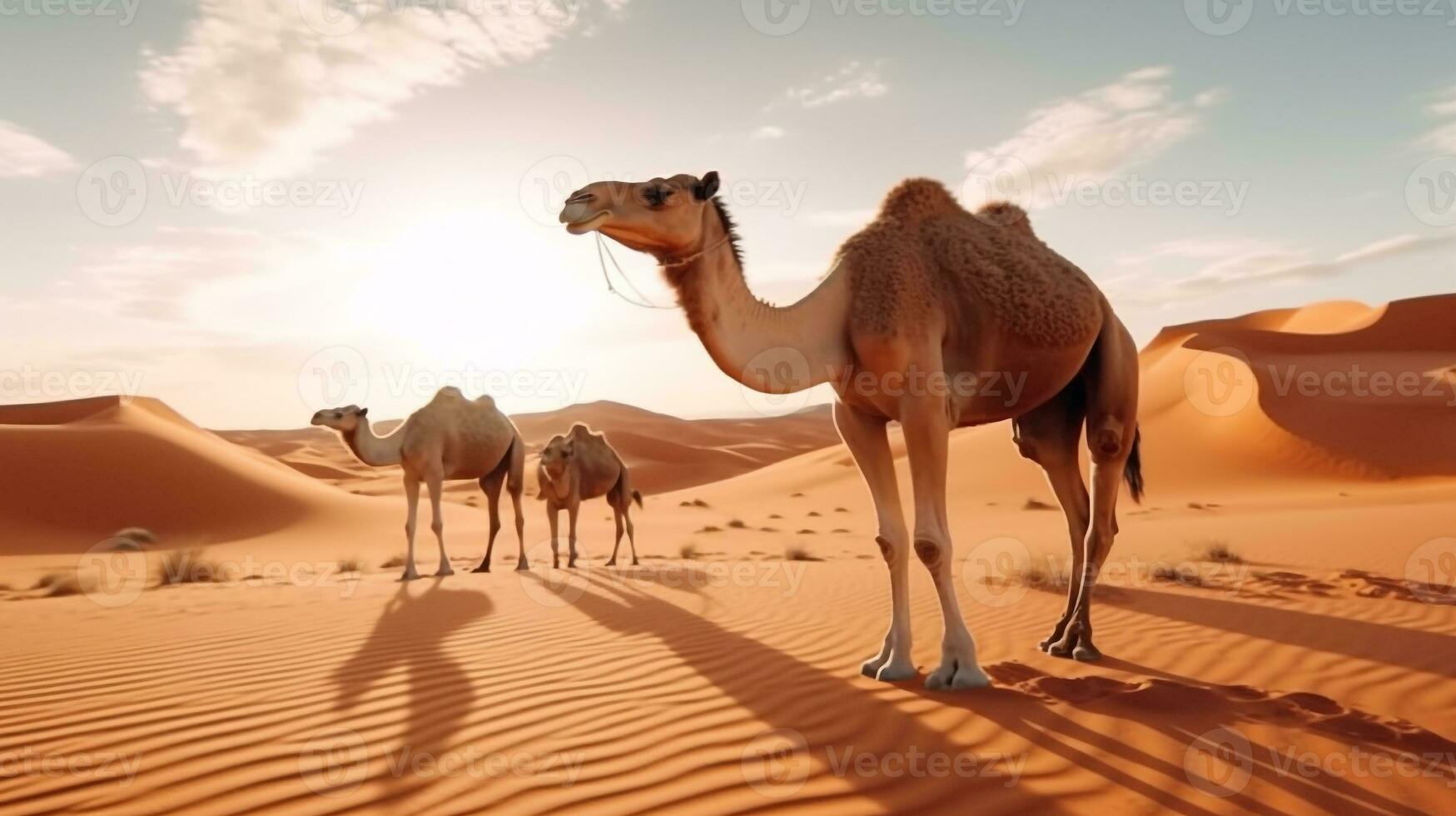 Camel in the desert with blue sky.Generative Ai. photo