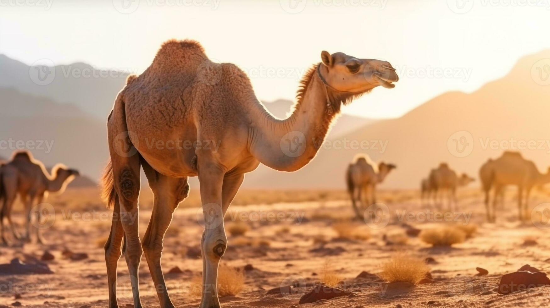 Camel in the desert with blue sky.Generative Ai. photo