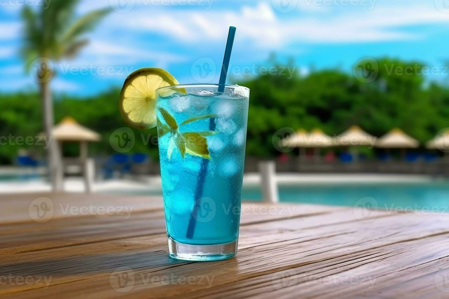 azul Hawai jugo soda cóctel en de madera mesa en playa fondo.generativo ai. foto