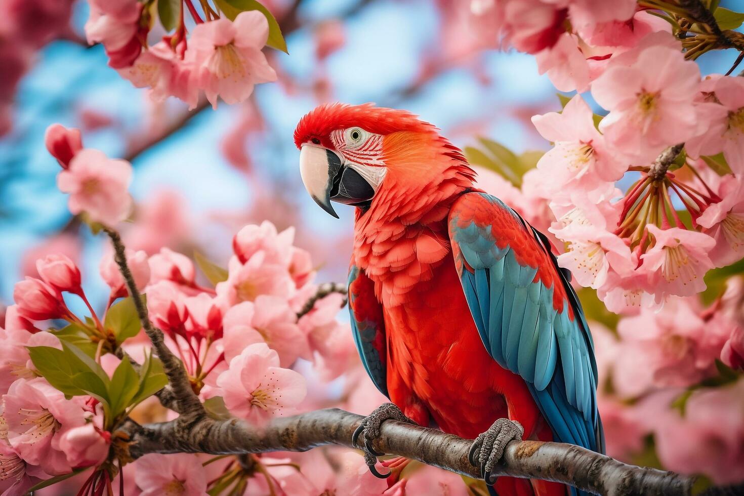 Parrot sitting on a branch with beautiful flower.Generative Ai. photo