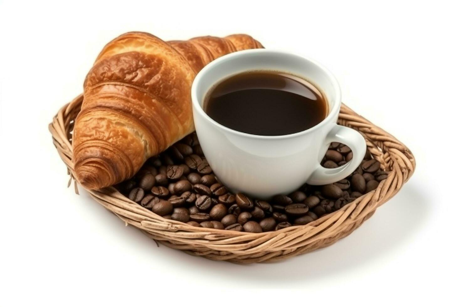 Coffee and croissant bread in basket isolated on white background.Generative Ai. photo