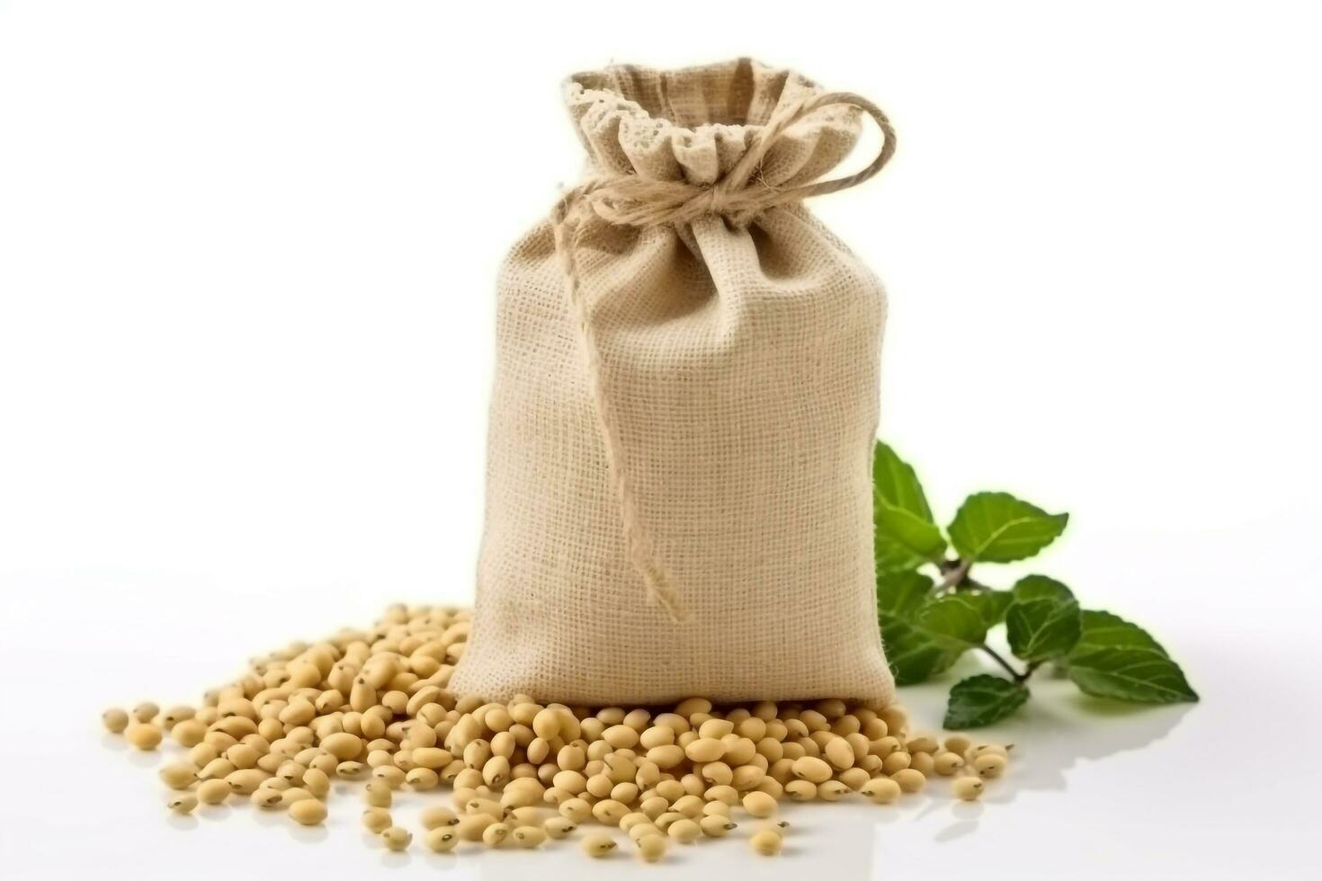 Soybeans in hemp bags isolated on white background.Generative Ai. photo
