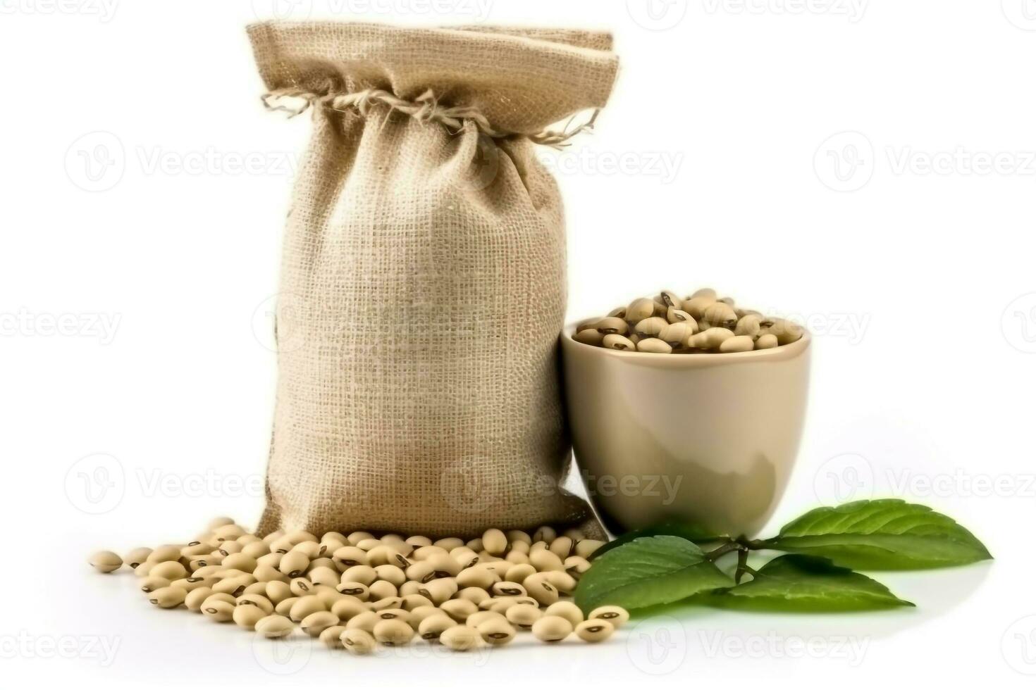Soybeans in hemp bags isolated on white background.Generative Ai. photo