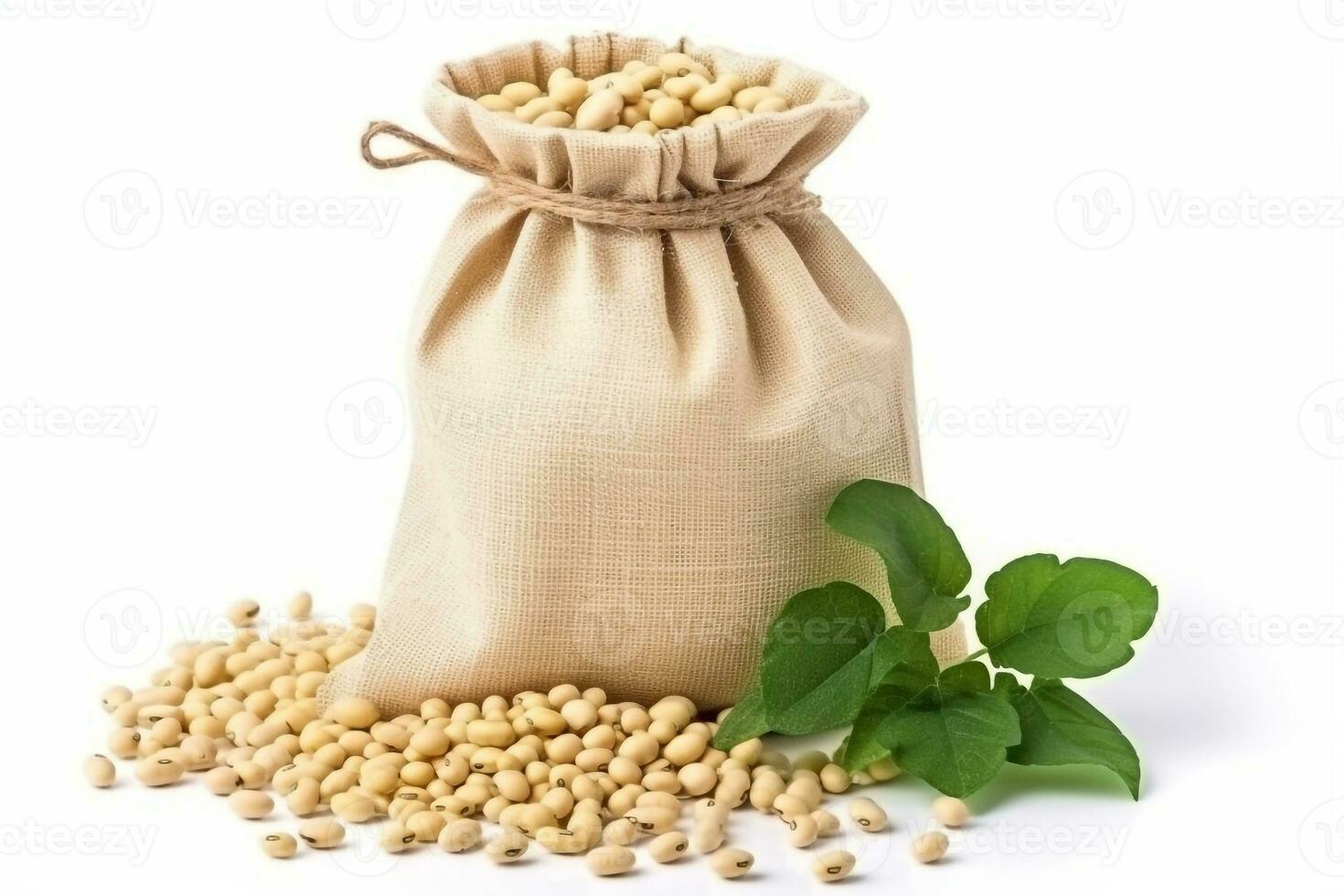 Soybeans in hemp bags isolated on white background.Generative Ai. photo