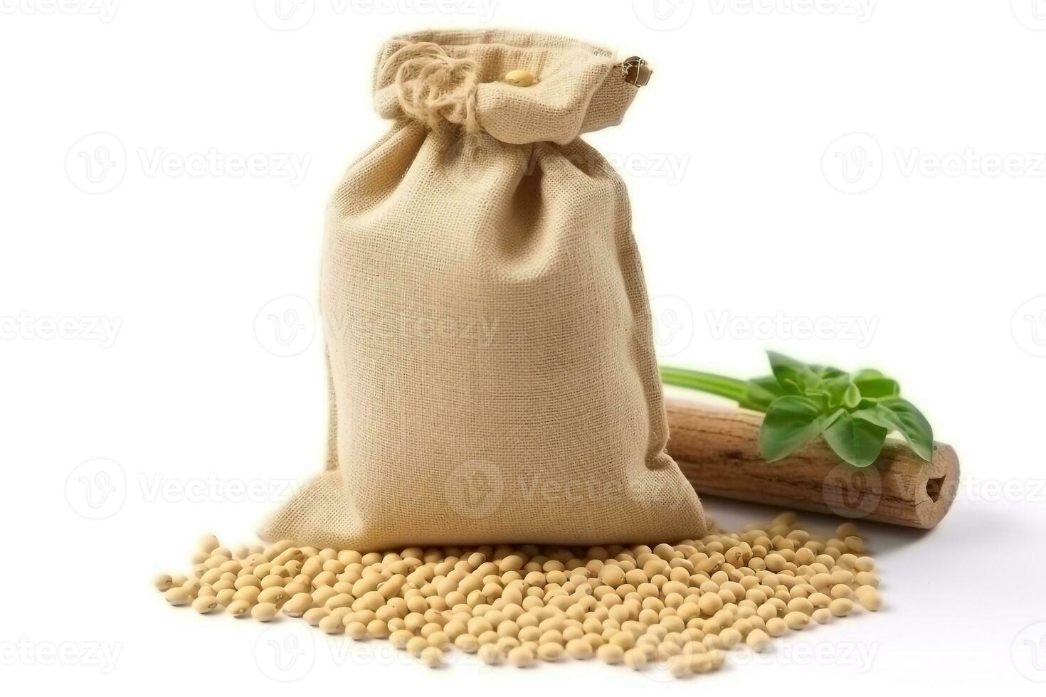 Soybeans in hemp bags isolated on white background.Generative Ai. photo