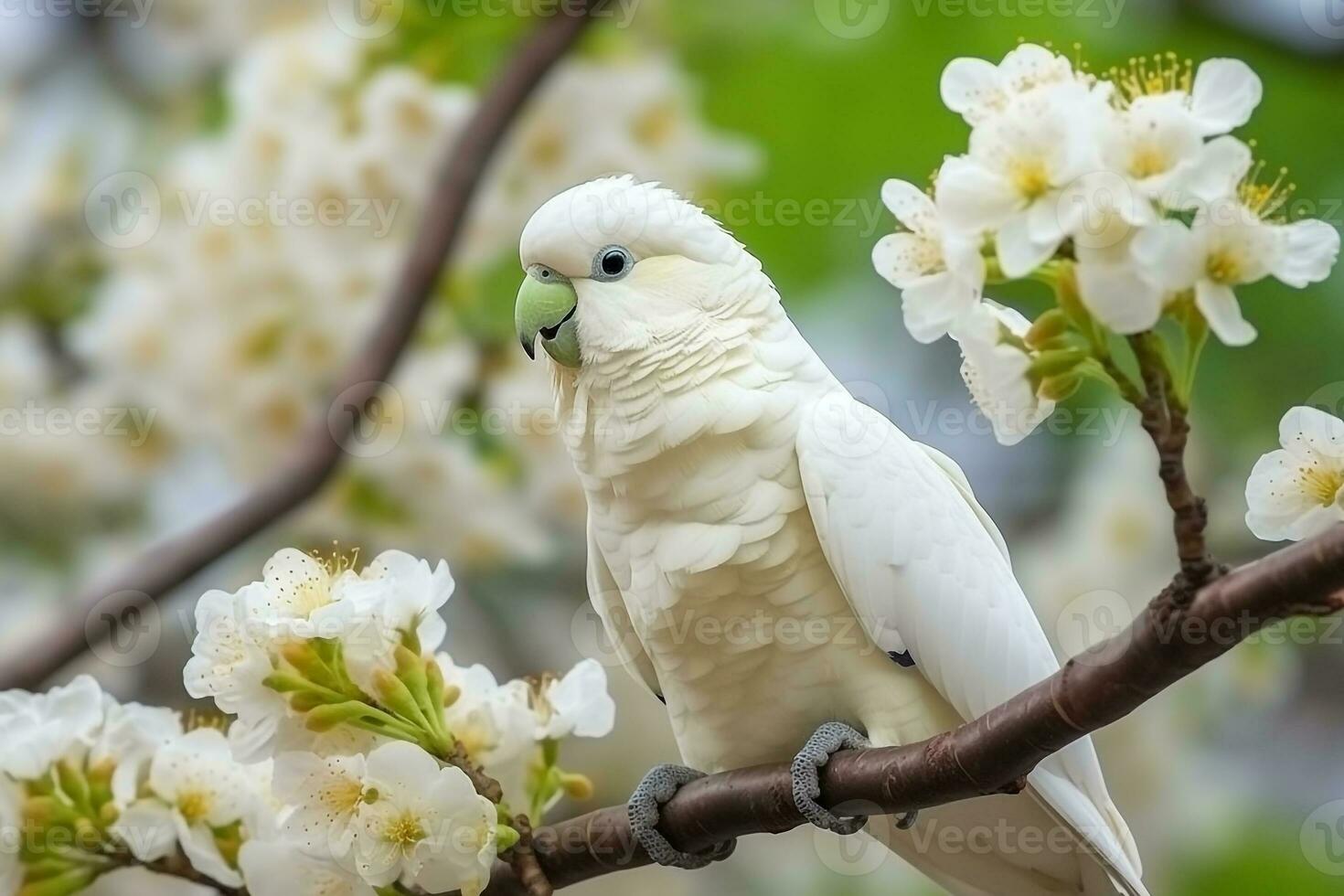 Parrot sitting on a branch with beautiful flower.Generative Ai. photo