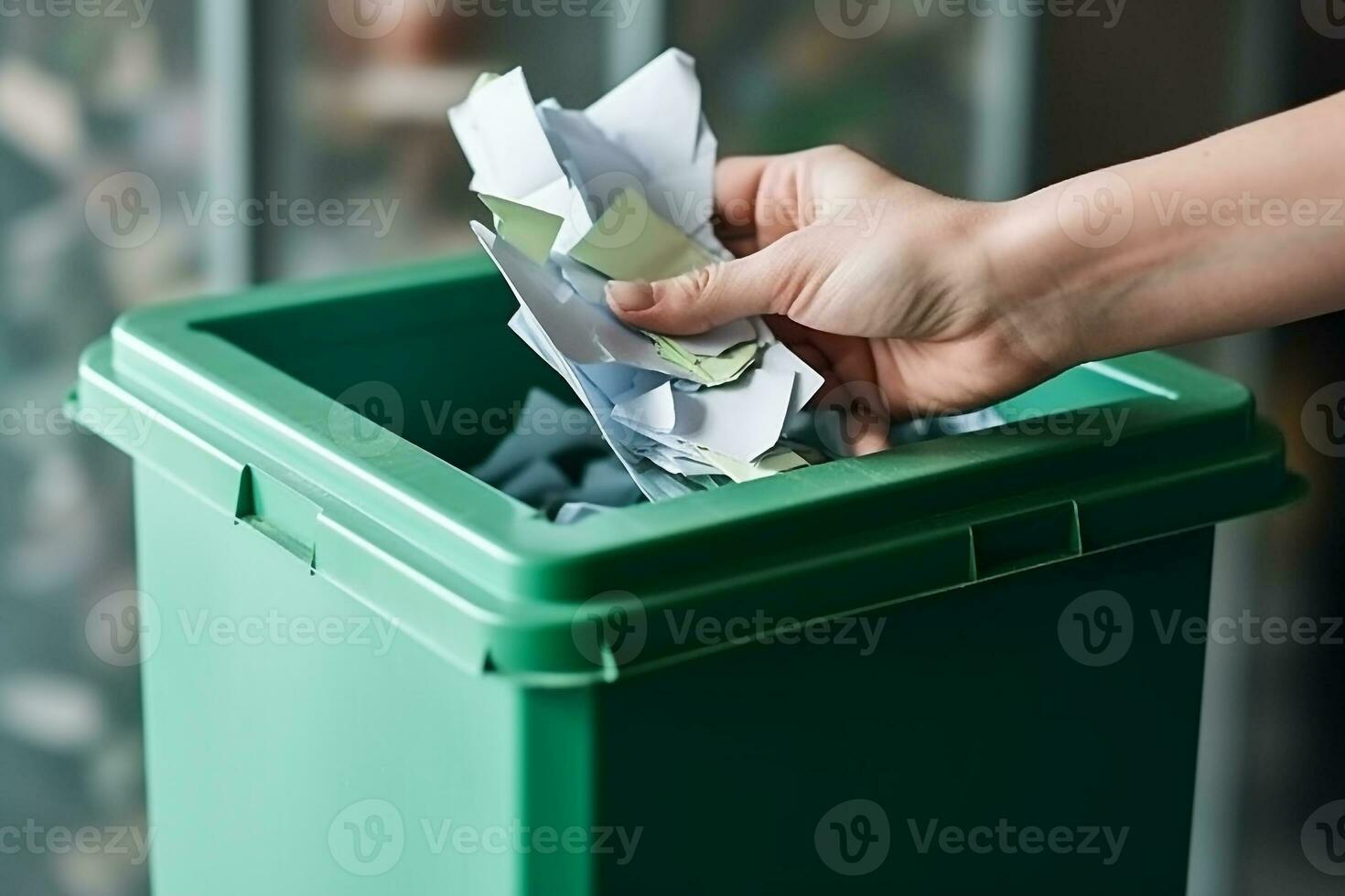 mano lanzamiento estropeado papel en el reciclaje bin.generativo ai. foto