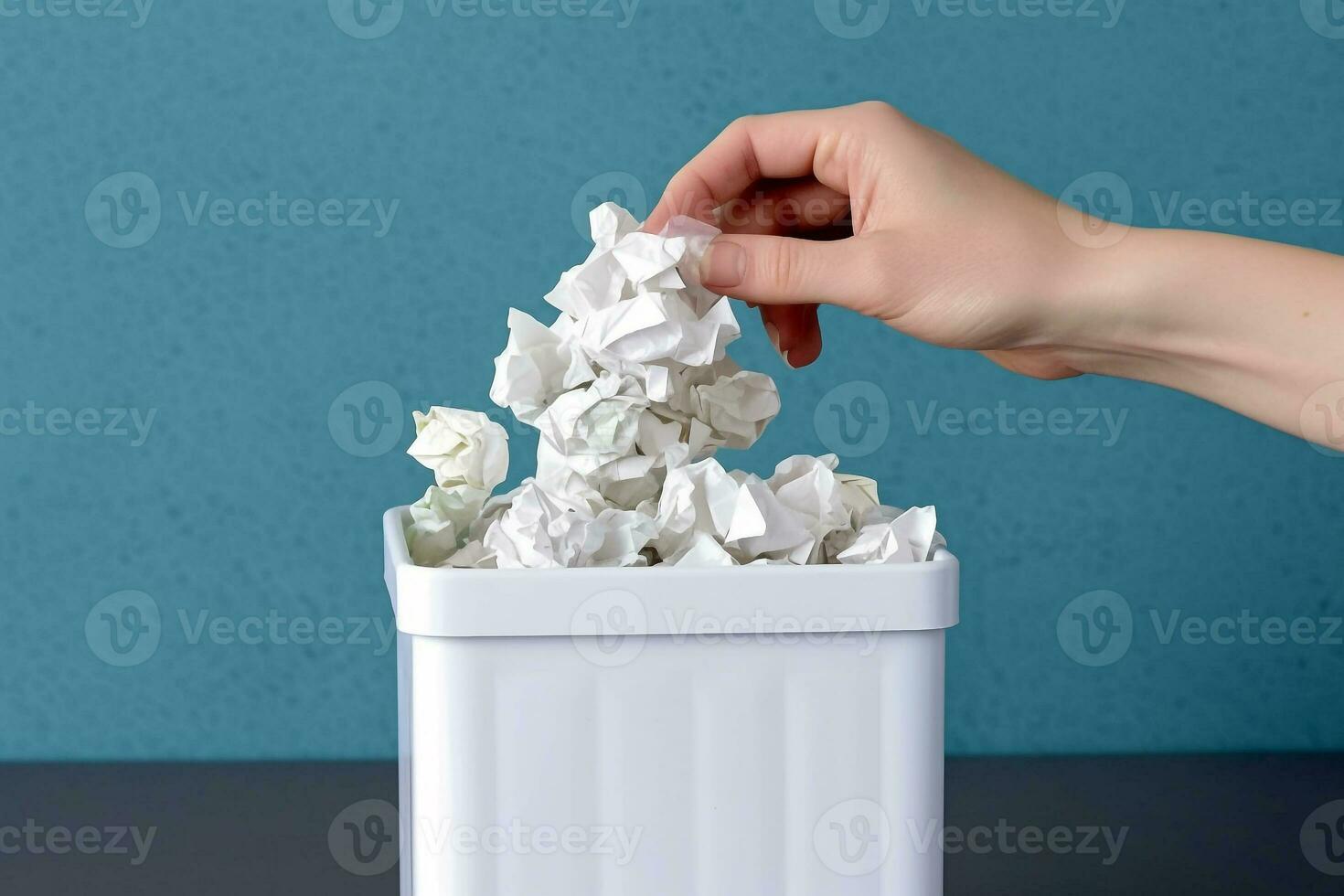 Hand throwing crumpled paper in the recycling bin.Generative Ai. photo