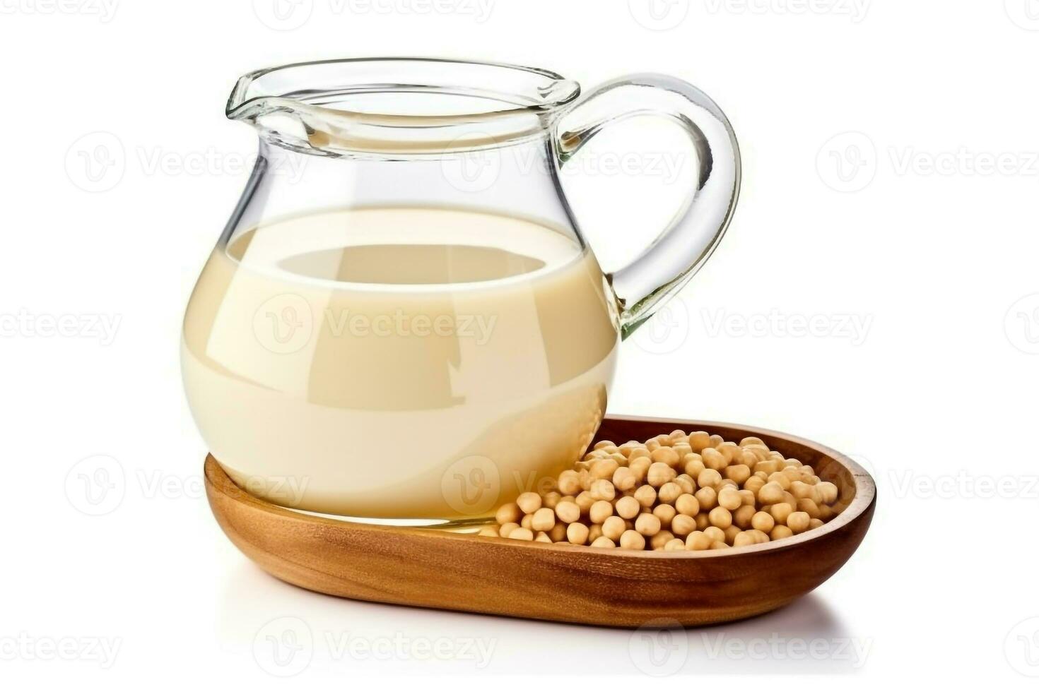 Soy milk in wooden bowl isolated on white background.Generative Ai. photo