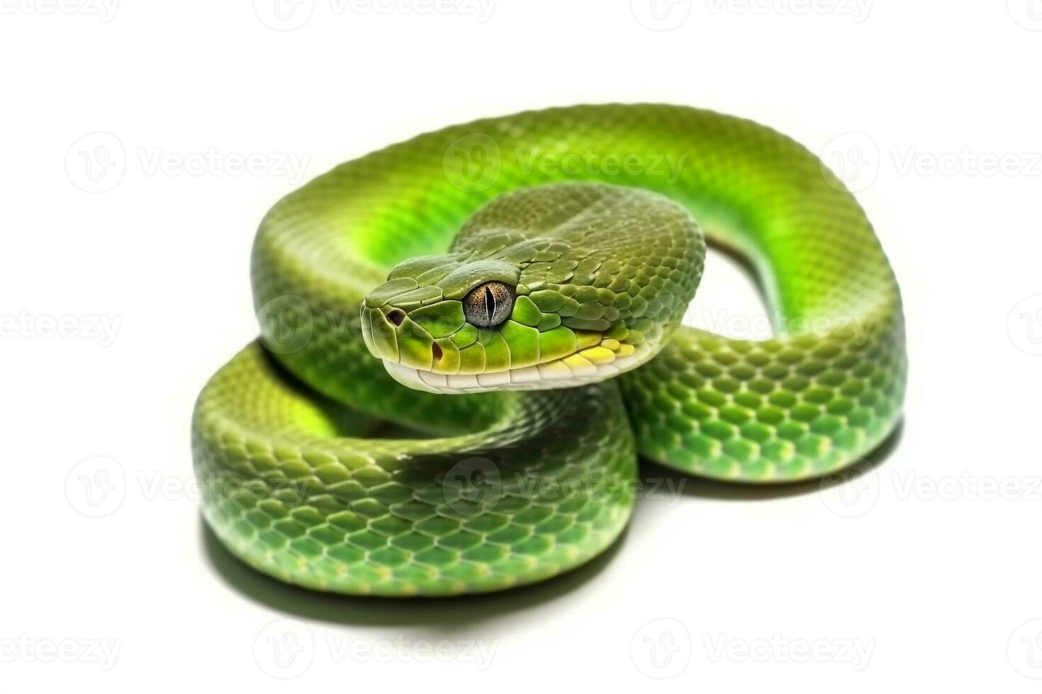 Green snake isolated on white background.Generative Ai. photo