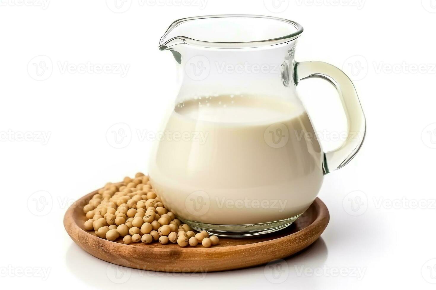 Soy milk in wooden bowl isolated on white background.Generative Ai. photo