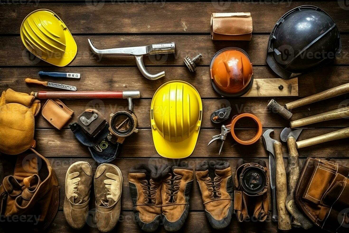 Labor day tools and equipment for working on the construction site.Generative Ai. photo