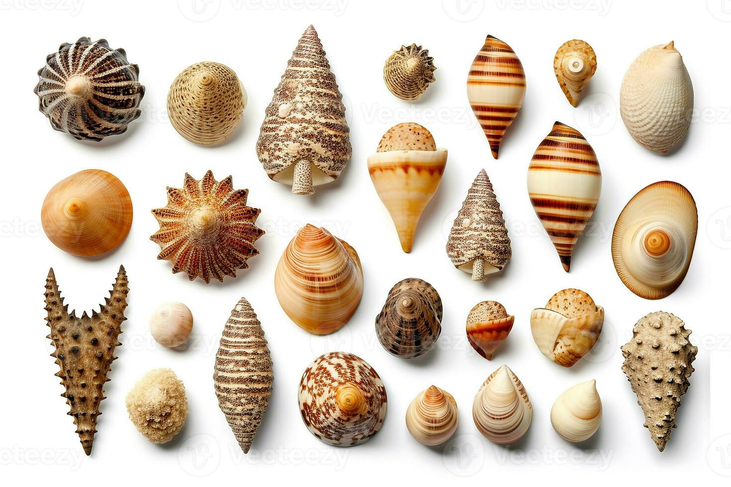 Set of various mollusk shells isolated on white background.Generative Ai. photo